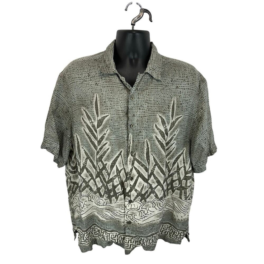 Vintage Reunion 100% Silk Shirt Tropical Flora Green Size Large Breathable